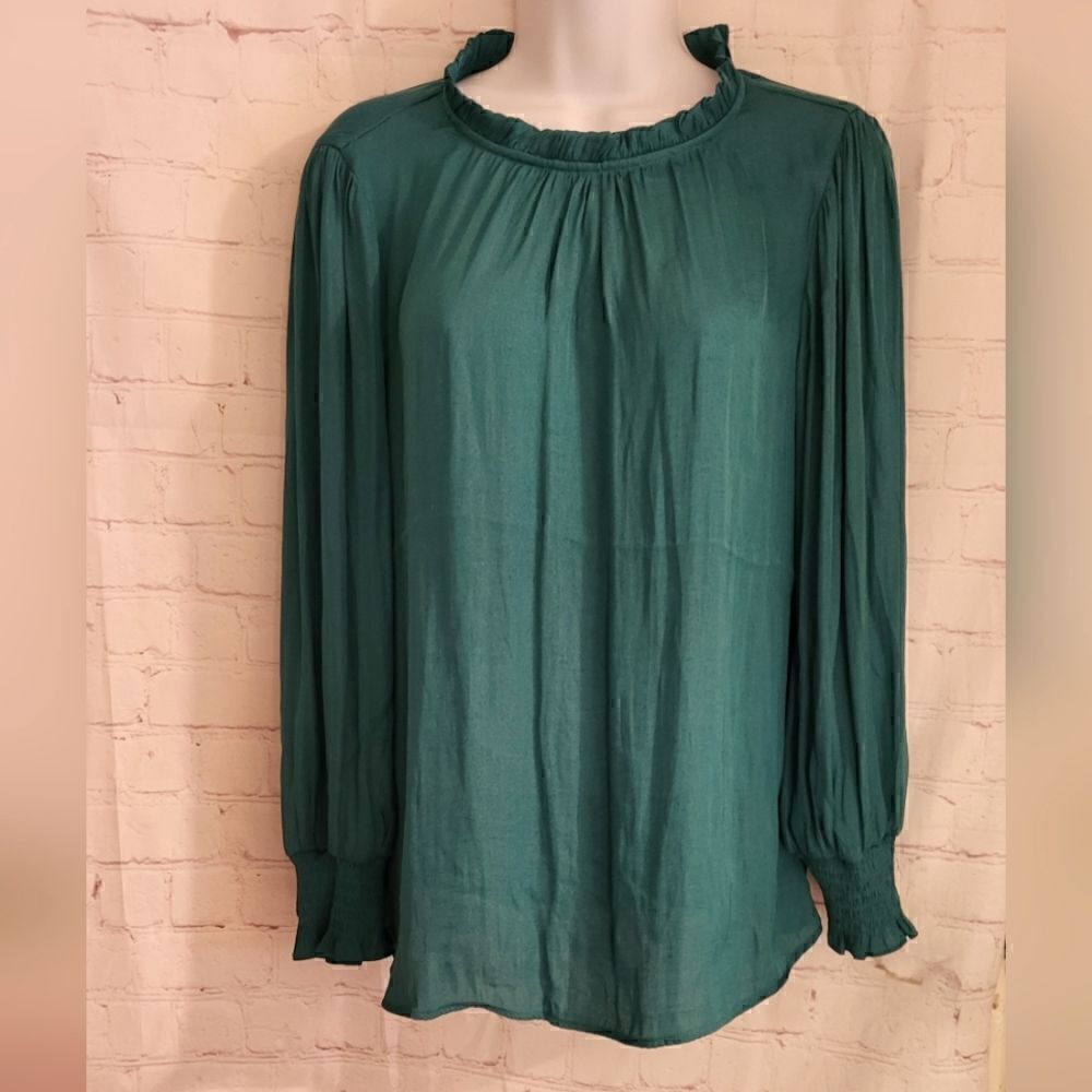NWT Maison d' Amelie for Anthropologie Green Ruffle Neck Top Sz.S $119